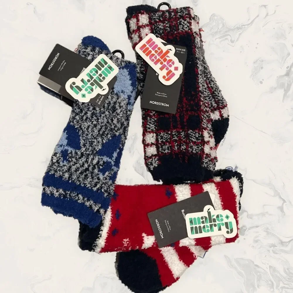 NWT Nordstrom Bundle of Three Crew Butter Socks - Size 7 1/2 - 12 1/2- Blu/ red